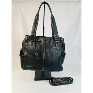 NWOT Fossil Black Pebbled Leather Satchel Bag Medium Tote Purse Convertible